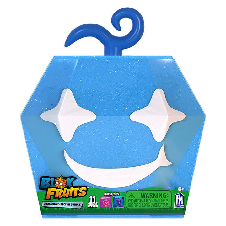 Blox Fruits Series 2 Diamond Collector Bundle storage container with blue sparkly design and smiling face, includes 11 great items.