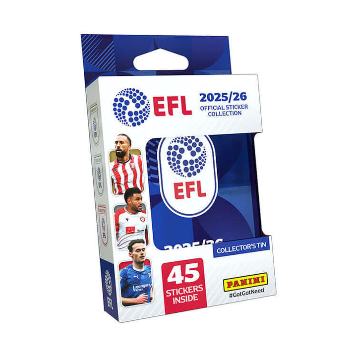 EFL 2025/26 Sticker Collection official collectors tin packaging with 45 stickers inside by Panini.