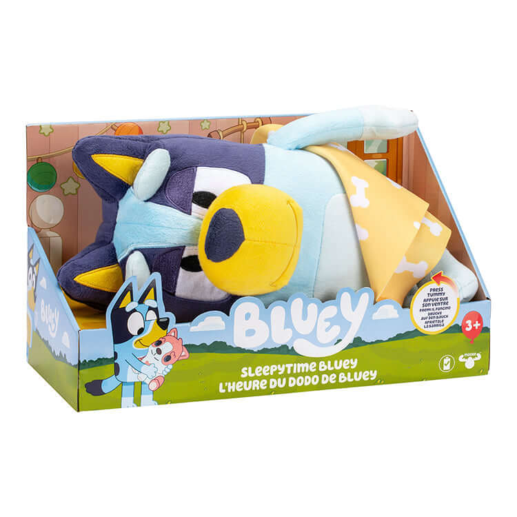 Bluey S11 Sound Effects Plush Sleepytime in packaging, featuring multilingual phrases and a soft blanket, ready for bedtime cuddles.