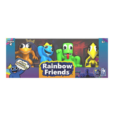 Rainbow Friends Series 2 Neon Collector Figures 4-Pack featuring Blue, Green, Orange, and Yellow in box packaging.