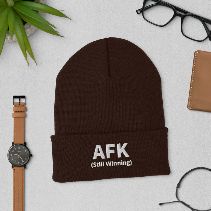 AFK cuffed beanie in brown with text &