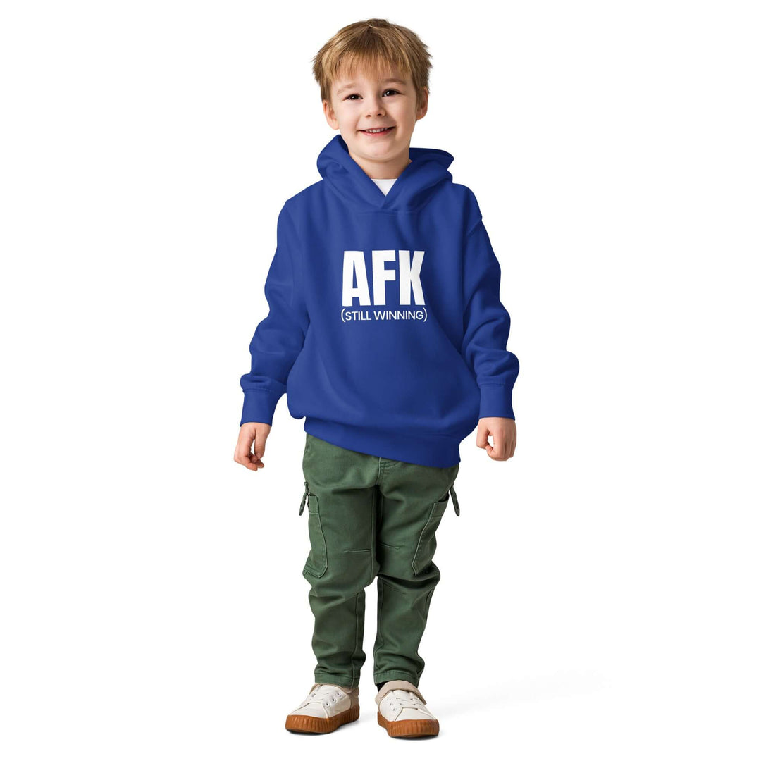 AFK Toddler fleece pullover hoodie worn by a happy young boy in a blue color with casual green pants.