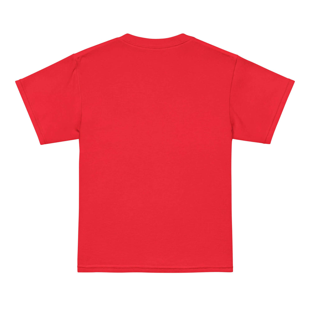 Back view of AFK Youth t-shirt in vibrant red color, showcasing its modern fit and high-performance fabric.