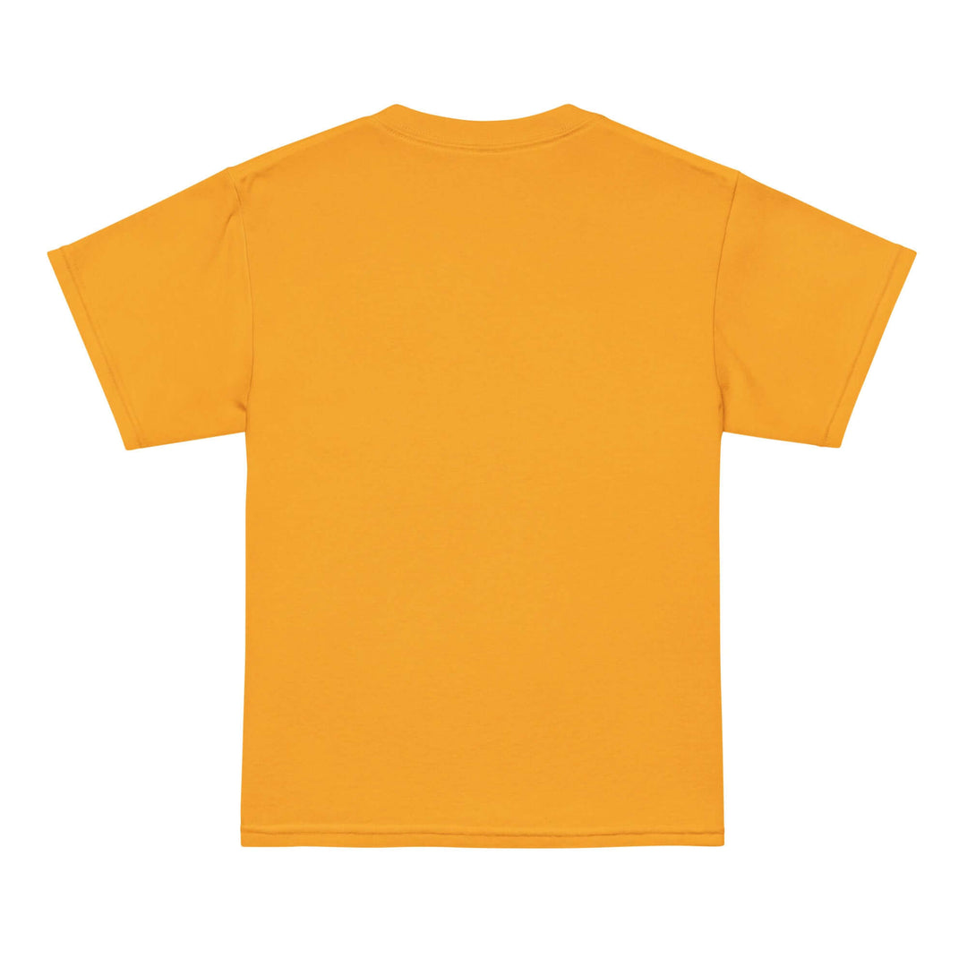 Back view of the AFK Youth t-shirt in vibrant yellow color, showcasing its modern fit and stylish design.