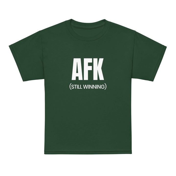 AFK Youth t-shirt in green color with bold text "AFK (STILL WINNING)" for kids, made of moisture-wicking fabric.
