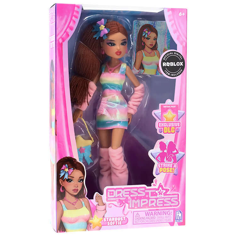 Dress To Impress Series 1 Fashion Doll Stardust Softie in colorful packaging featuring retro-chic style.