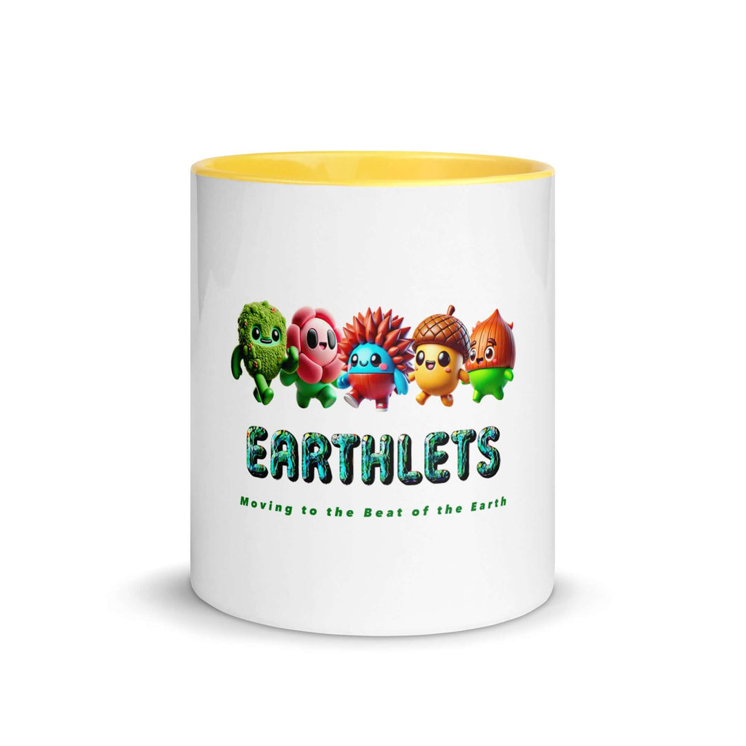 Colorful Earthlets mug featuring cute characters and vibrant yellow interior, perfect for customized designs.