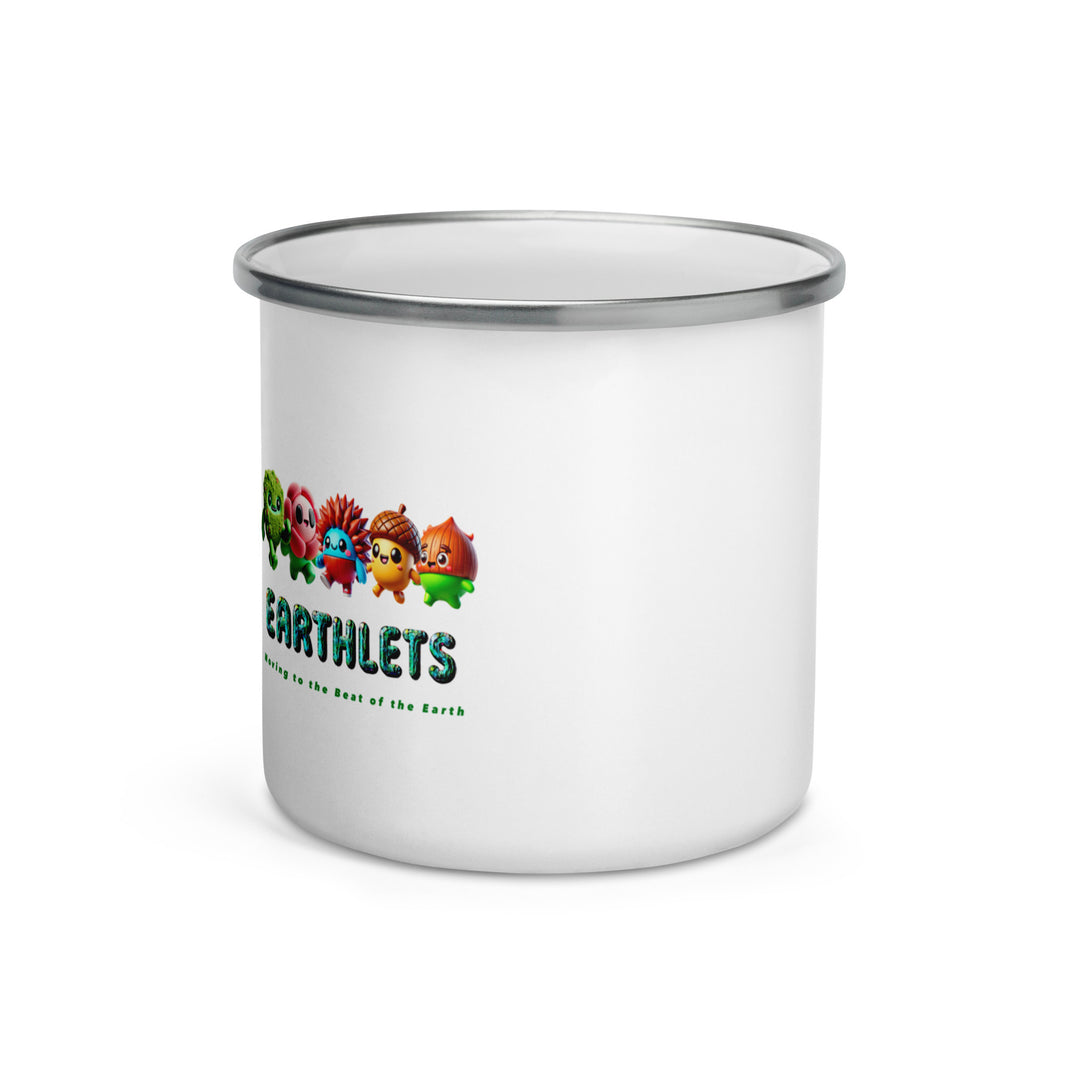 Earthlets enamel mug featuring colorful characters, ideal for camping and outdoor adventures.