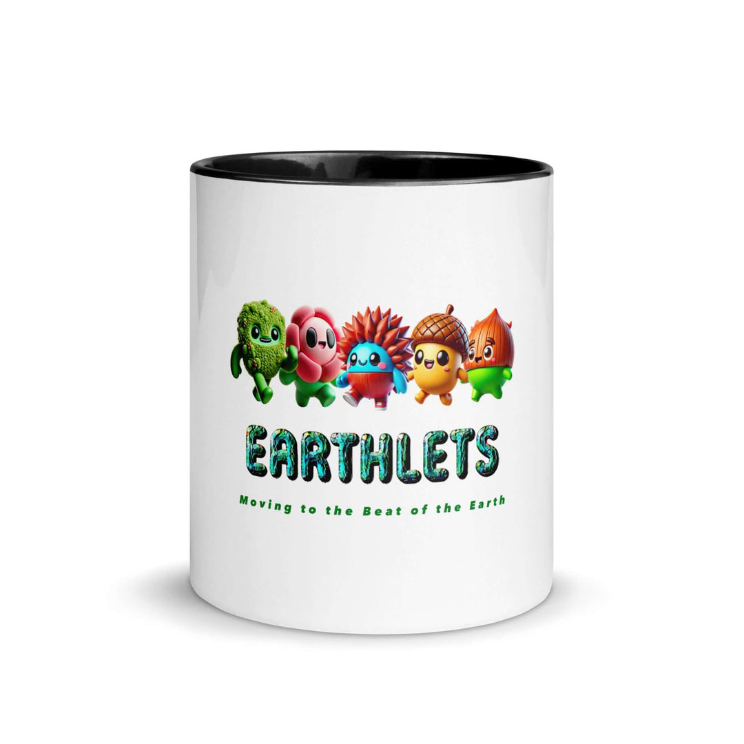 White ceramic Earthlets mug with colorful inside and playful characters design, showcasing eco-friendly theme.