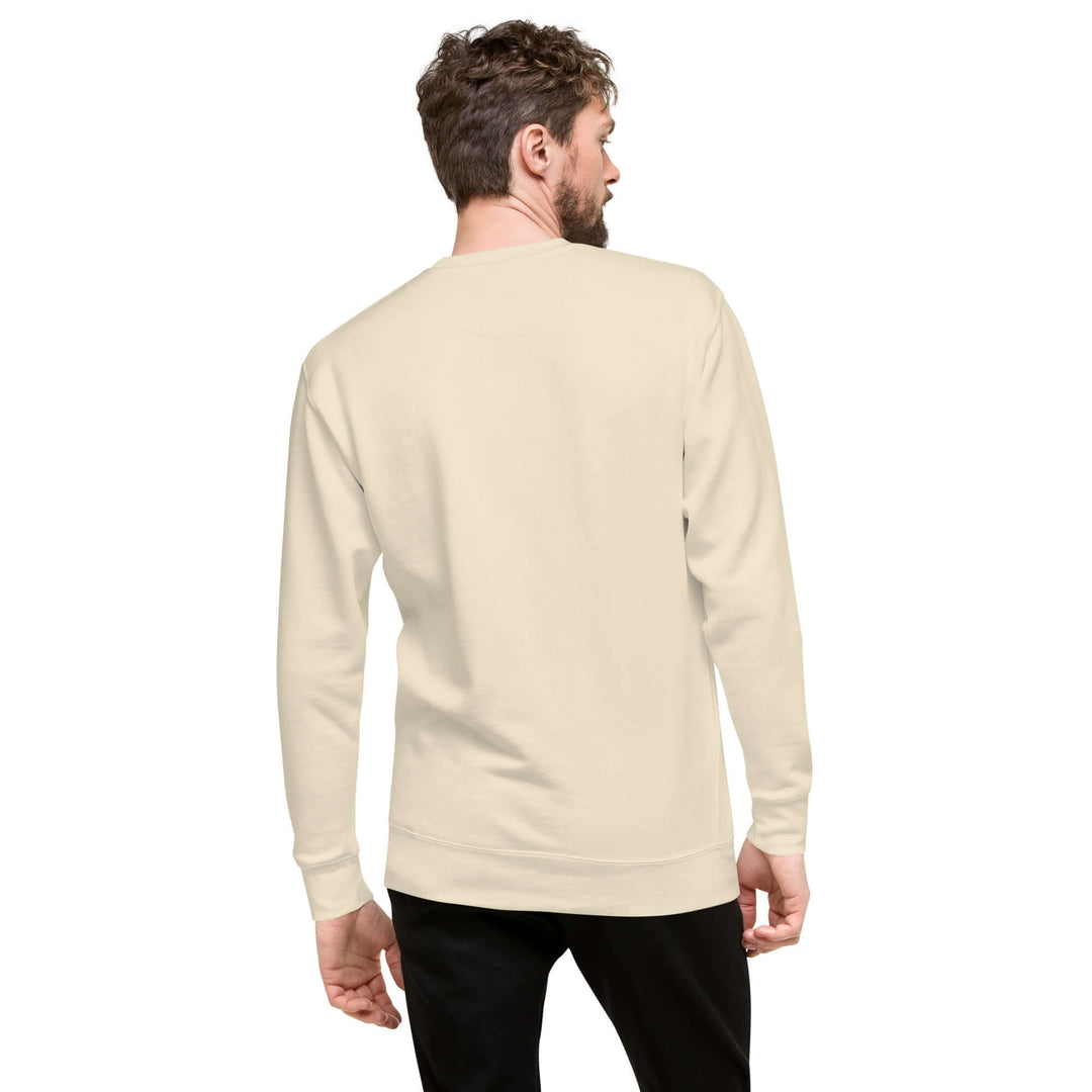 Earthlets Unisex Premium Sweatshirt back view on model showcasing classic design and comfortable fit.