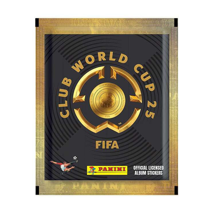 FIFA Club World Cup 2025 sticker pack by Panini, featuring gold accents and official logo.