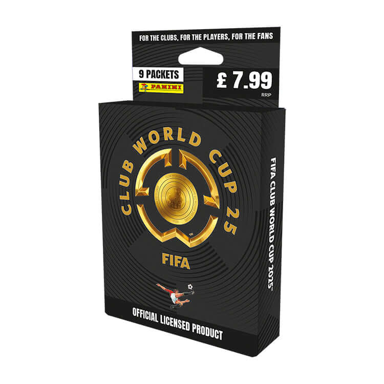 FIFA Club World Cup 2025 sticker collection pack with 9 packets priced at £7.99, official Panini licensed product.