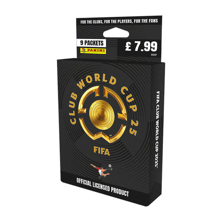 FIFA Club World Cup 2025 sticker collection pack with 9 packets priced at £7.99, official Panini licensed product.