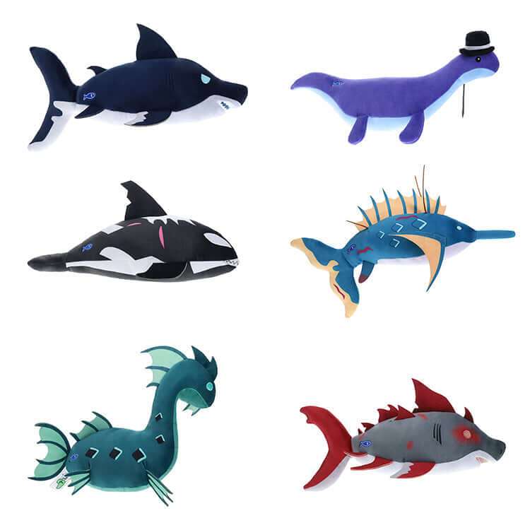 Fisch 8" Deluxe Collectable Plush featuring Megalodon, Orca, Ancient Depth Serpent, and more soft sea creature toys.