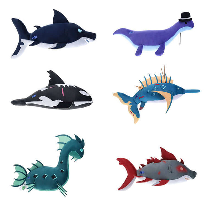 Fisch 8" Deluxe Collectable Plush featuring Megalodon, Orca, Ancient Depth Serpent, and more soft sea creature toys.