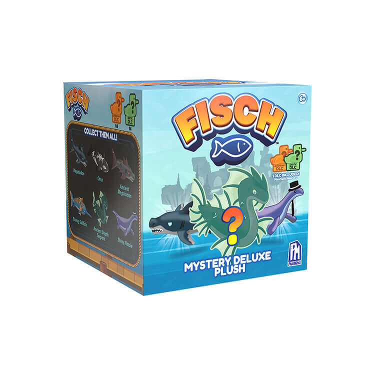 Fisch Mystery Deluxe Plush collectible box featuring sea creatures like Megalodon and Orca.
