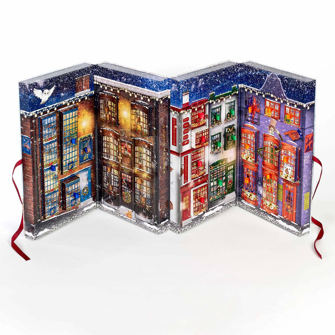Harry Potter Diagon Alley advent calendar showcasing detailed shop fronts in a magical setting.