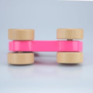 Pink and wooden toy vehicle with sturdy wheels, part of the Push Along Friends series, suitable for children from 6 months.