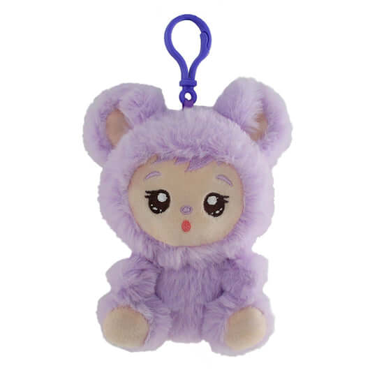 LaBabies 4" collectible plush keychain in purple with bear ears, featuring cute facial expression and clip attachment.