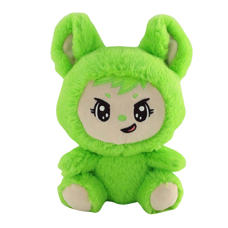 Green LaBabies plush toy with big eyes and mischievous expression, perfect for collectors and cuddles.