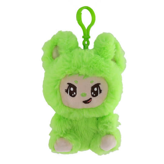 LaBabies 4" green collectable plush keychain featuring a cute character with big eyes and a playful expression.
