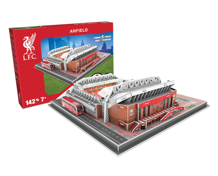 Liverpool Stadium 3D Puzzle showcasing Anfield with packaging and details.
