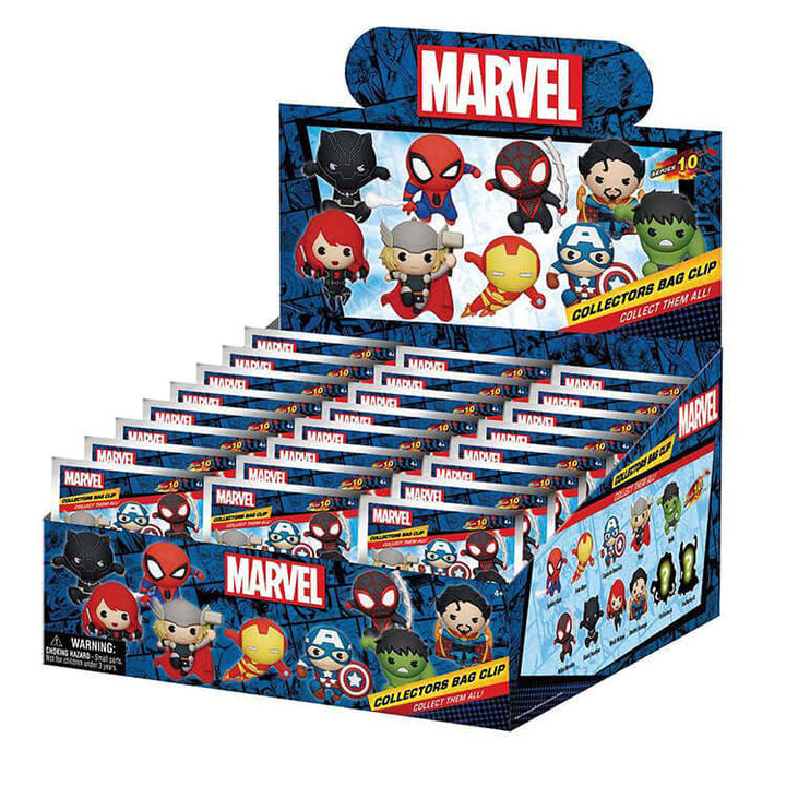 Marvels Classic 3D Collectable Keychains display featuring various Marvel characters in a collectors bag clip format.