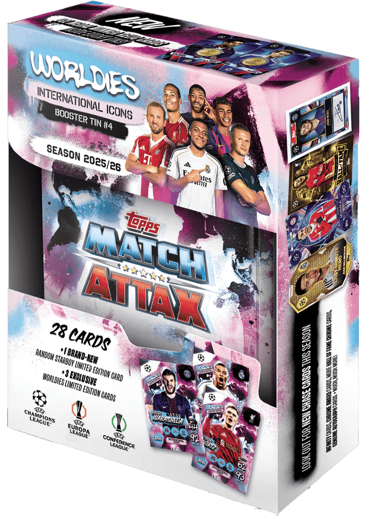 Match Attax 25/26 - Booster Tins featuring international icons and 28 collectible cards.