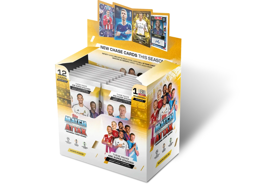 Match Attax 25/26 - Pack of 32 Packets display box with 32 packets, featuring world class football players.