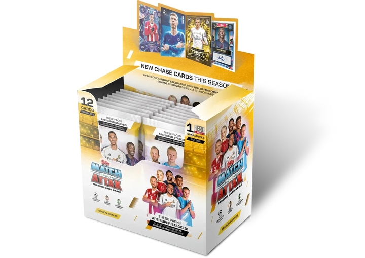 Match Attax 25/26 - Pack of 32 Packets display box with 32 packets, featuring world class football players.