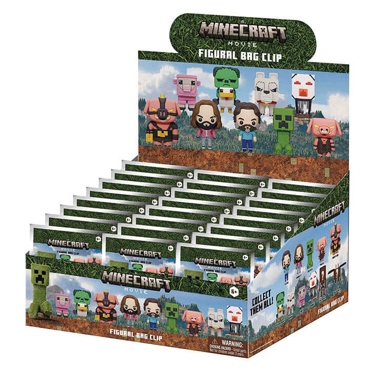 Minecraft Movie 3D Collectable Keychains display featuring various characters and creatures from the Minecraft universe.