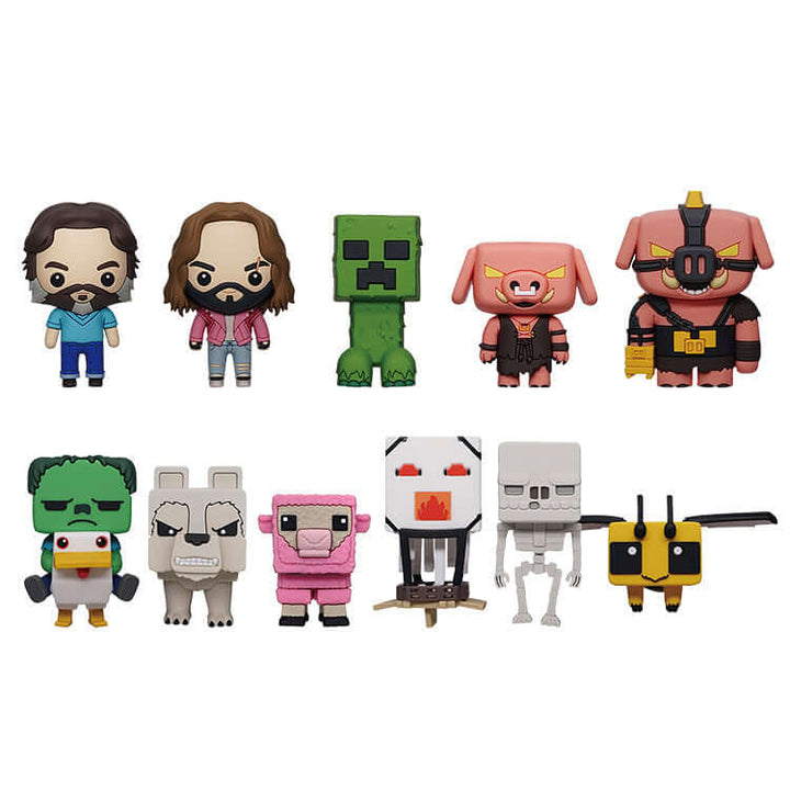 Minecraft Movie 3D Collectable Keychains showcasing characters and creatures from the film in vibrant 3D foam design.