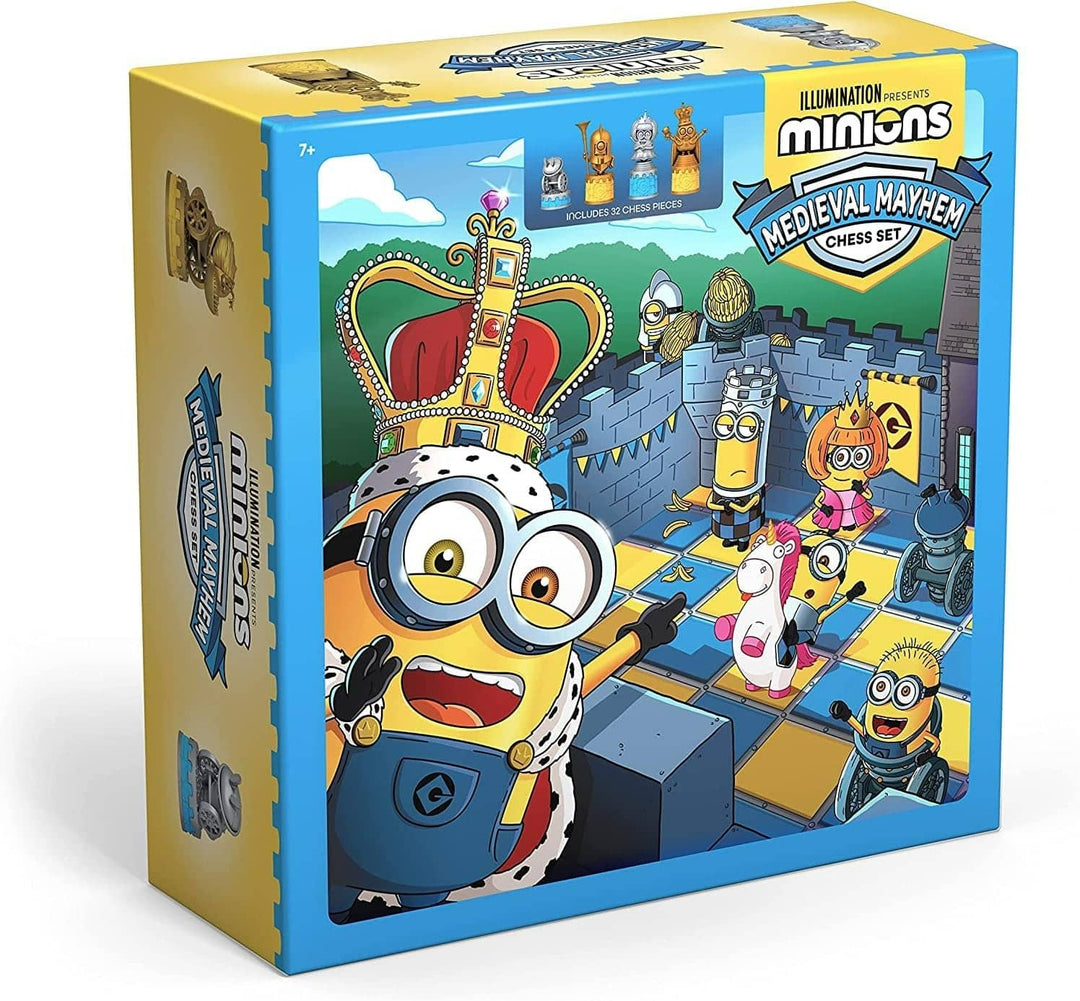 Minions Medieval Mayhem Chess Set Despicable Me box featuring colorful Minions characters and a medieval theme.