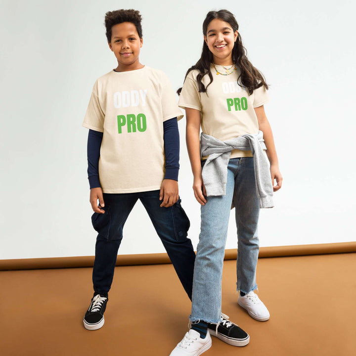 Two kids wearing Oddy Pro Youth classic t-shirt, showcasing comfort and style in a versatile wardrobe essential.