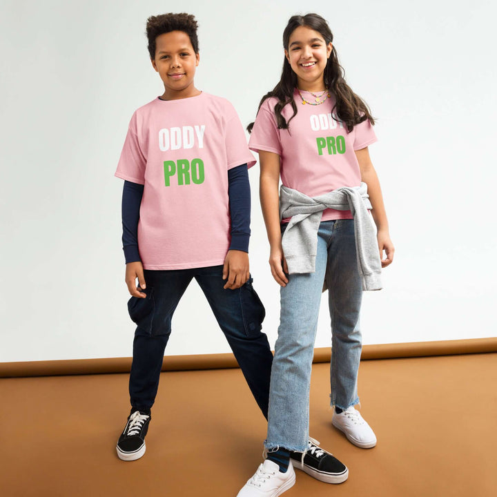 Two kids wearing Oddy Pro Youth classic t-shirt in pink, showcasing its stylish and comfortable design.