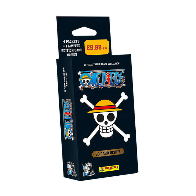 One Piece Trading Card Collection box with pirate skull logo, 33 cards inside, Panini edition.