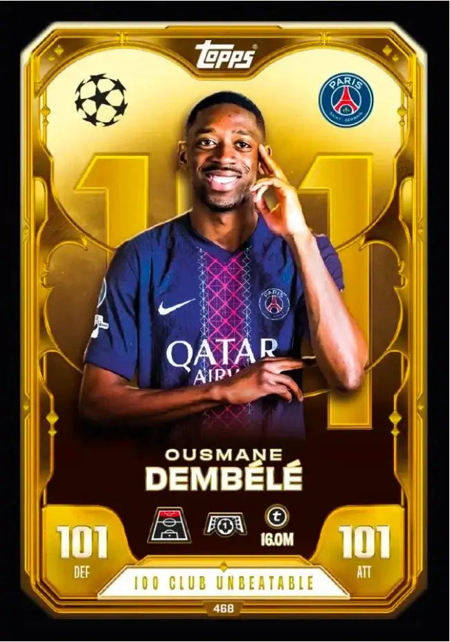 Match Attax 25/26 - Pack of 32 Packets featuring Ousmane Dembélé 100 Club Unbeatable trading card.