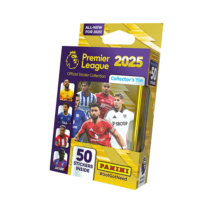 Premier League 2025 Official Sticker Collection Collector's Tin by Panini featuring 50 stickers, perfect for fans and collectors.