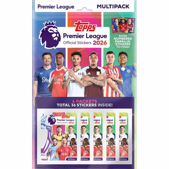 Premier League 2026 Stickers Multipack featuring 6 packets and 36 collectible stickers.