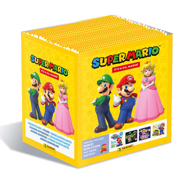 Super Mario It's a Me Mario Sticker Collection box featuring Mario, Luigi, and Princess Peach with special stickers.