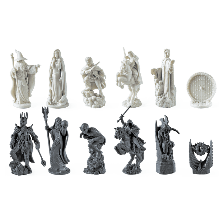 The Lord of the Rings - Battle For Middle Earth Chess Set pieces featuring iconic characters in a detailed chess arrangement.