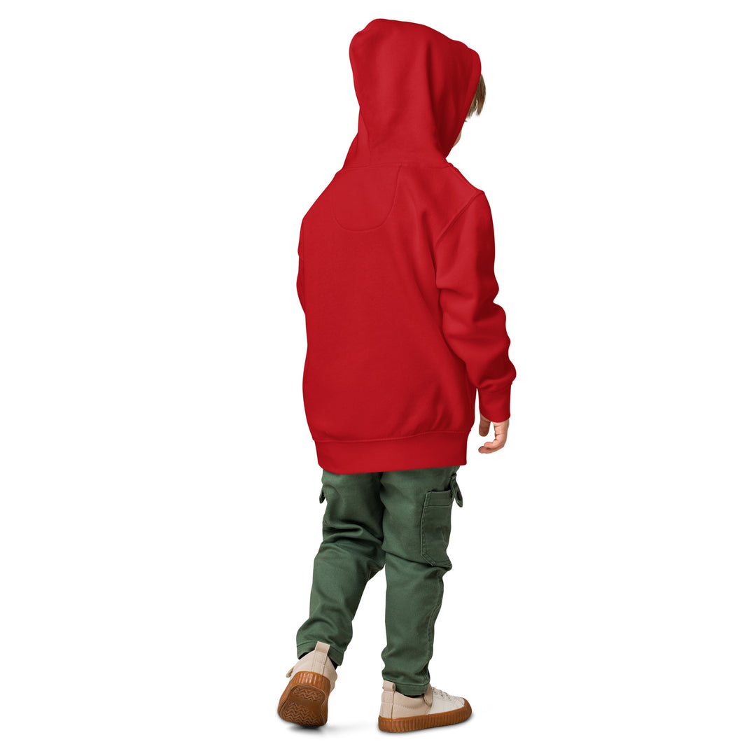 Toddler wearing a red fleece pullover hoodie, showcasing the back view and relaxed fit for comfort.