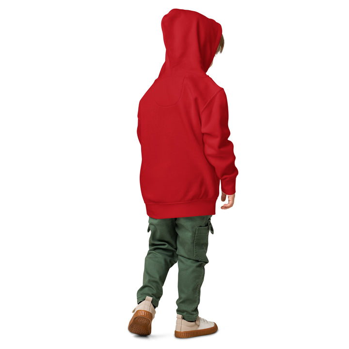 Toddler wearing a red fleece pullover hoodie, showcasing the back view and relaxed fit for comfort.
