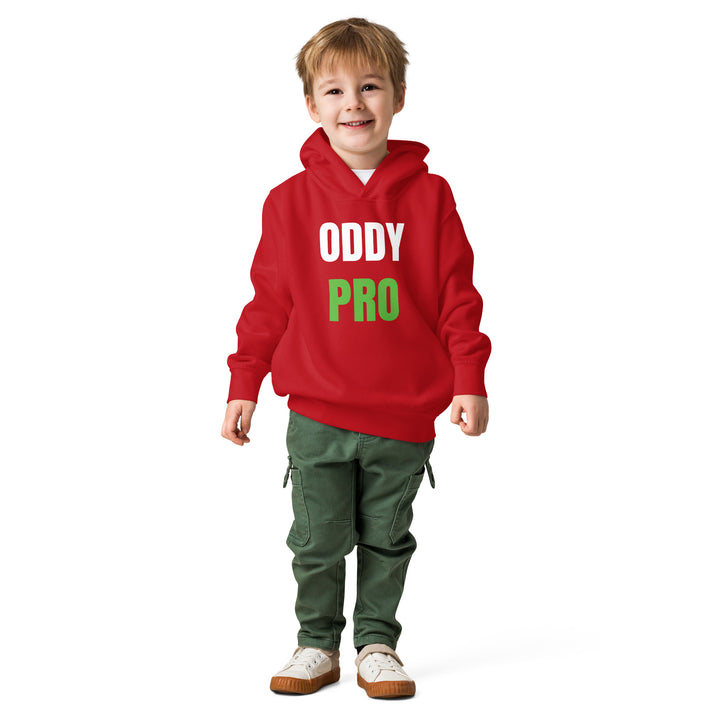 Toddler wearing an Oddy Pro fleece pullover hoodie, showcasing comfort and style for playtime.