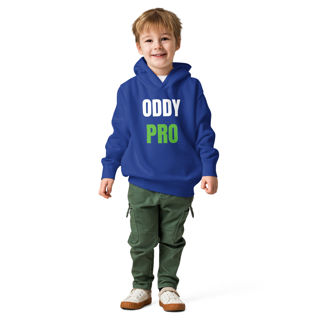 Toddler wearing an Oddy Pro toddler fleece pullover hoodie in blue with green and white text, perfect for comfy playtime.