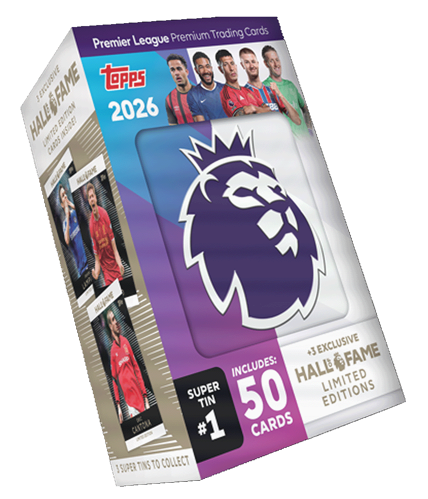Topps Premier League 2026 Super Tin featuring 50 trading cards and Hall of Fame editions.