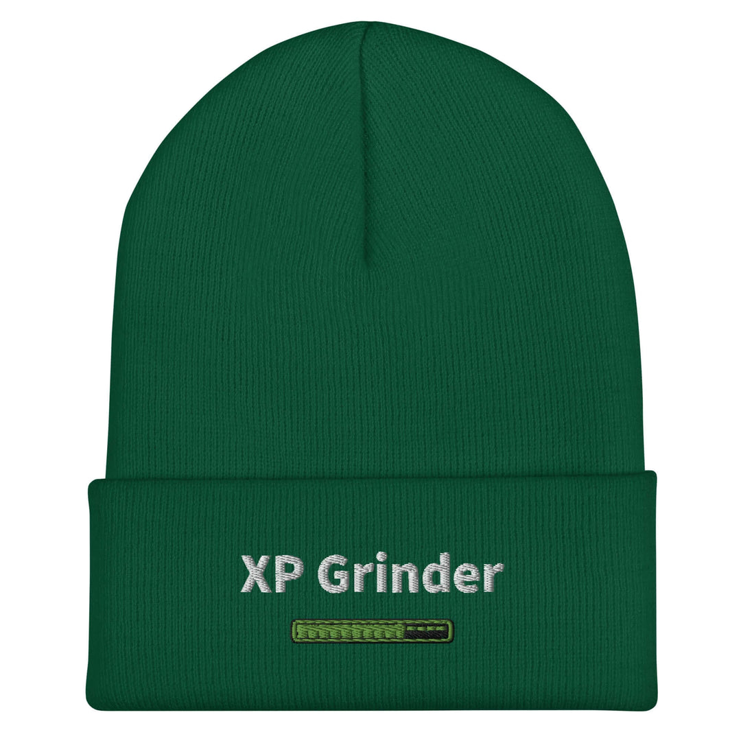 XP Grinder Cuffed Beanie in green color with embroidered logo, perfect for warmth and style.