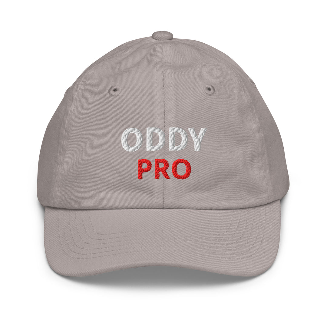 Oddy Pro Youth baseball cap in light gray with embroidered lettering, perfect for training and outdoor play.