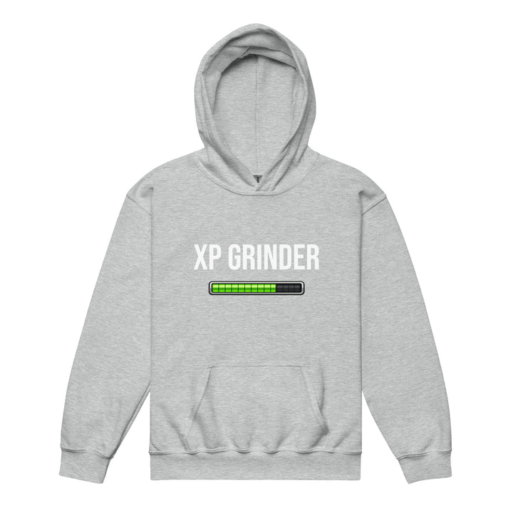 XP Grinder Youth heavy blend hoodie in grey with charging graphic and front pouch pocket.