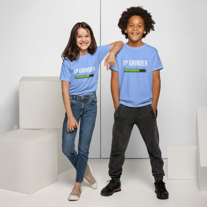 XP Grinder Youth t-shirt worn by two kids, one girl and one boy, showcasing a modern fit and vibrant design.